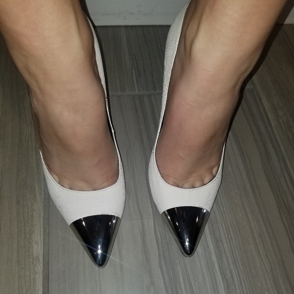 NICHOLAS white leather stingray metal pump